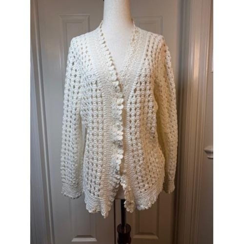 Lauren Ralph Lauren Vintage Hand Knit Crochet Cardigan Cotton XL Ivory Sweater